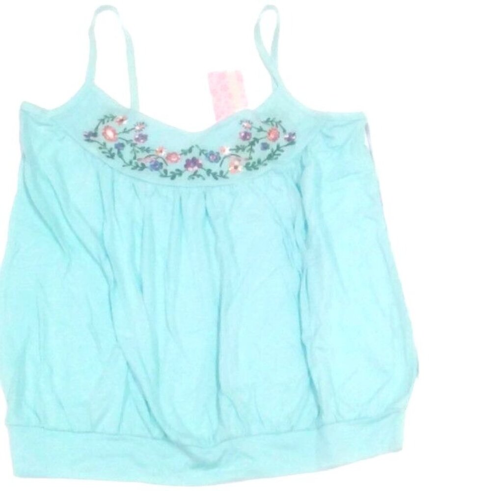 Energie Size L Juniors Tank Top Light Blue Embroidered Floral Cotton Summer NEW